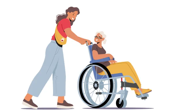 Foto de un dibujo con un señor en silla de ruedas empujadopor una señora