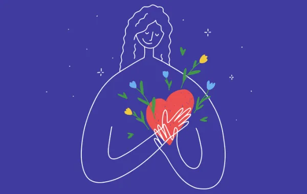 Foto de un dibujo de una mujer con la mano en su corazón