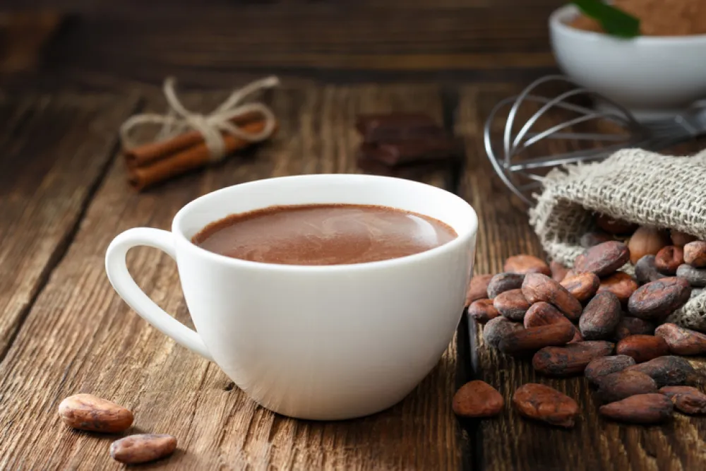 Foto de una taza de chocolate rodeada de frutos de cacao