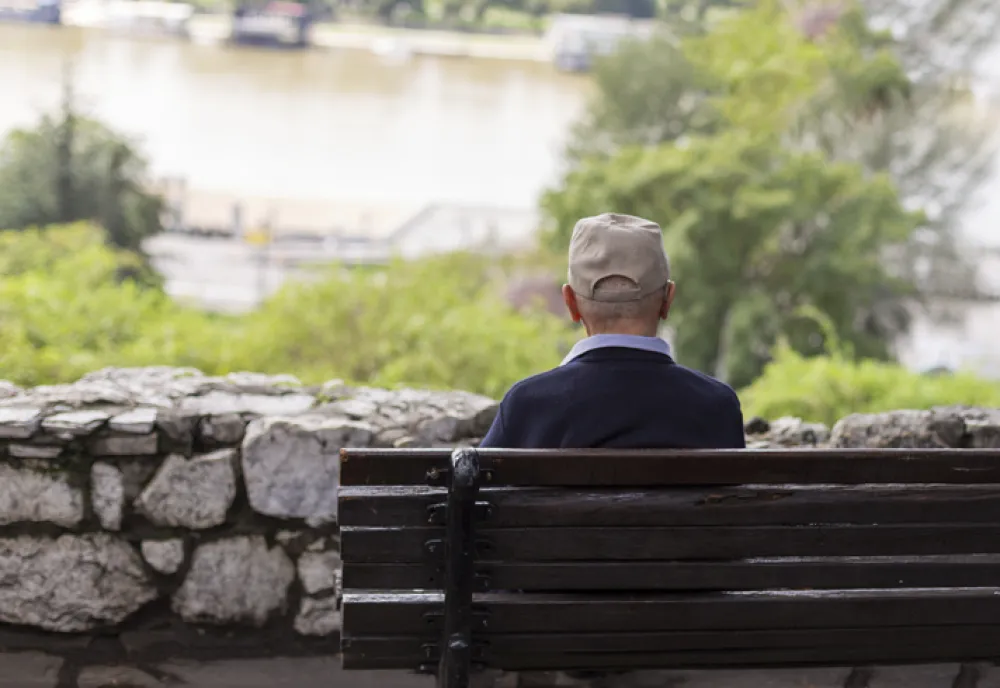 Foto de espaldas de un señor mayor sentado en un banco en un jardin