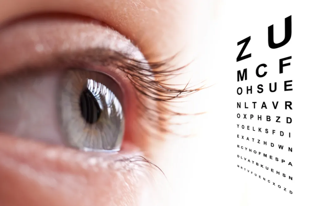 Foto de ojo mirando una hoja con letras de distintos tamaños de examenes visuales