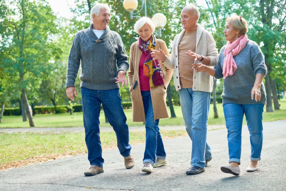 Foto de un grupo de personas mayores paseando por el parque y charlando animadamente