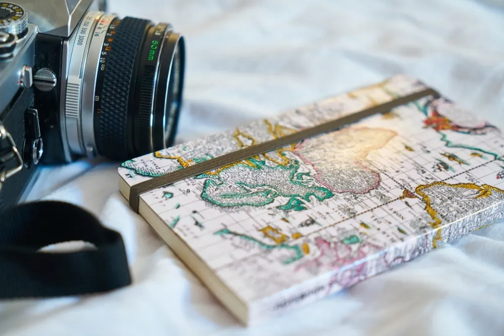 imagen de una cámara y un cuaderno con un mapa